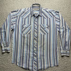 Trailblazer Pearl Snap Shirt Mens XLT Tall Man Blue Striped Long Sleeve Western